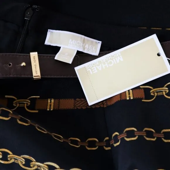 Michael by Michael Kors Black Brown Gold Belted Chain Bridle Equestrian Skirt 8