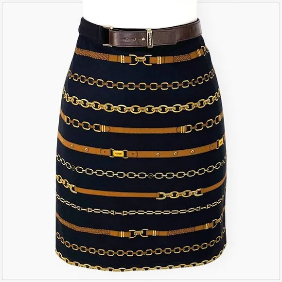 Michael by Michael Kors Black Brown Gold Belted Chain Bridle Equestrian Skirt 8