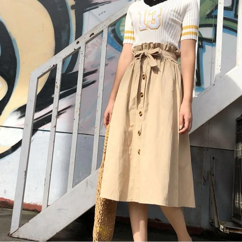 Midi Knee Length Button-Up Skirt