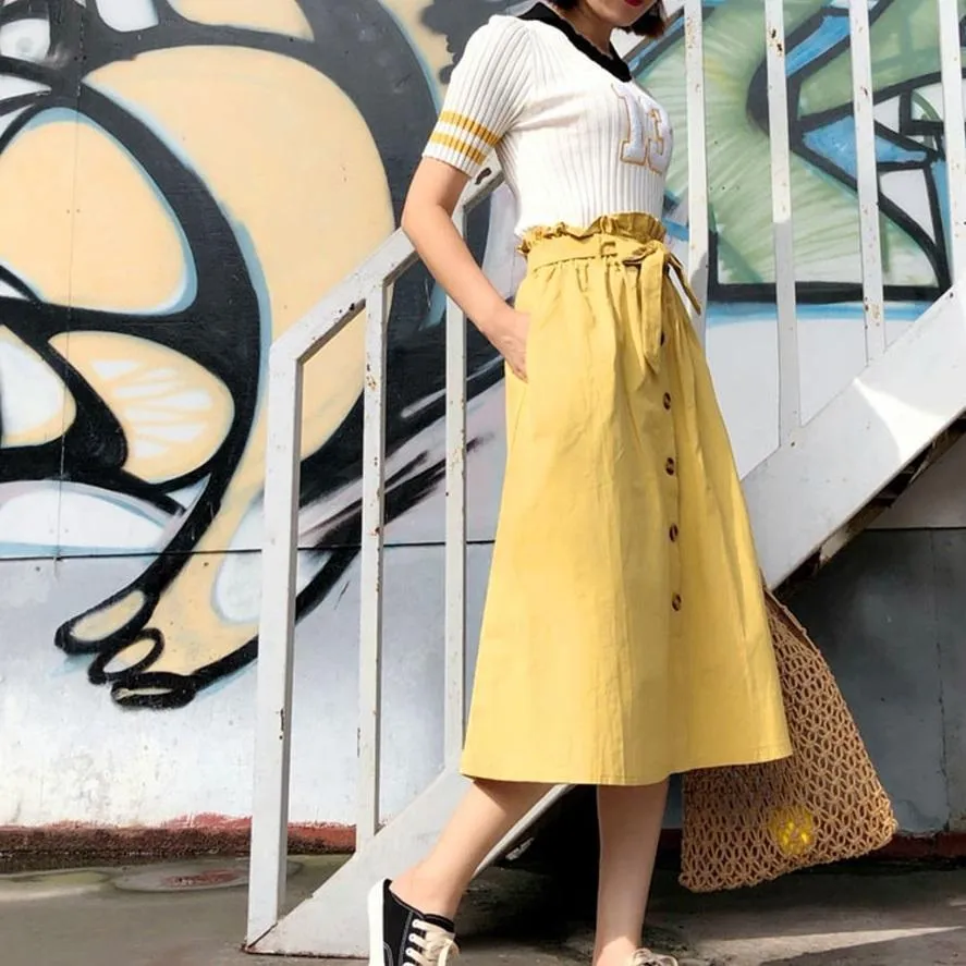 Midi Knee Length Button-Up Skirt