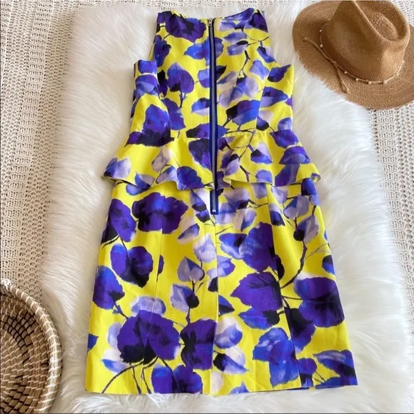 Milly of New York Peplum Sheath Mini Dress Floral Flowers Lemon Yellow Blue