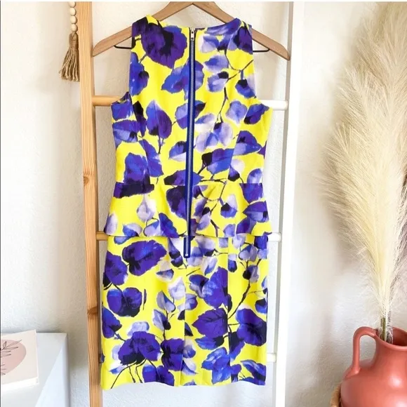 Milly of New York Peplum Sheath Mini Dress Floral Flowers Lemon Yellow Blue
