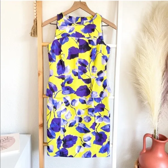 Milly of New York Peplum Sheath Mini Dress Floral Flowers Lemon Yellow Blue