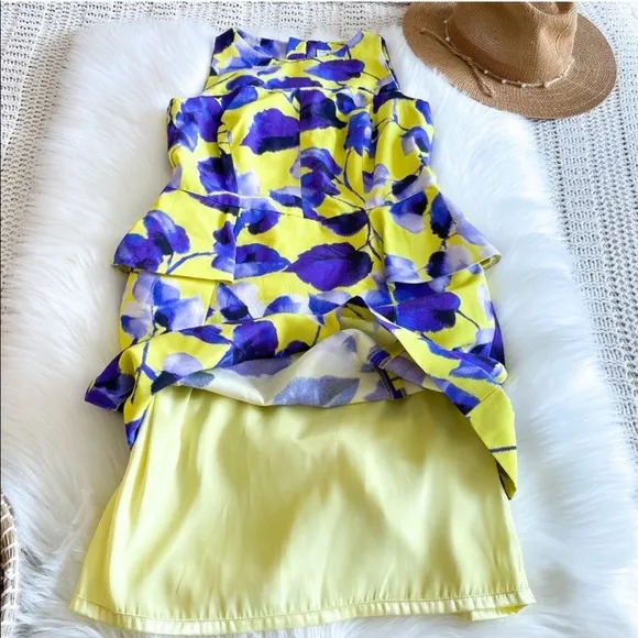Milly of New York Peplum Sheath Mini Dress Floral Flowers Lemon Yellow Blue