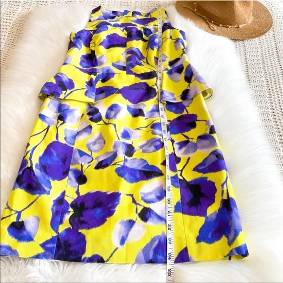 Milly of New York Peplum Sheath Mini Dress Floral Flowers Lemon Yellow Blue