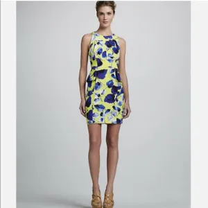 Milly of New York Peplum Sheath Mini Dress Floral Flowers Lemon Yellow Blue