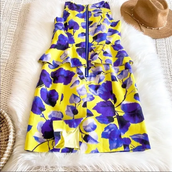 Milly of New York Peplum Sheath Mini Dress Floral Flowers Lemon Yellow Blue