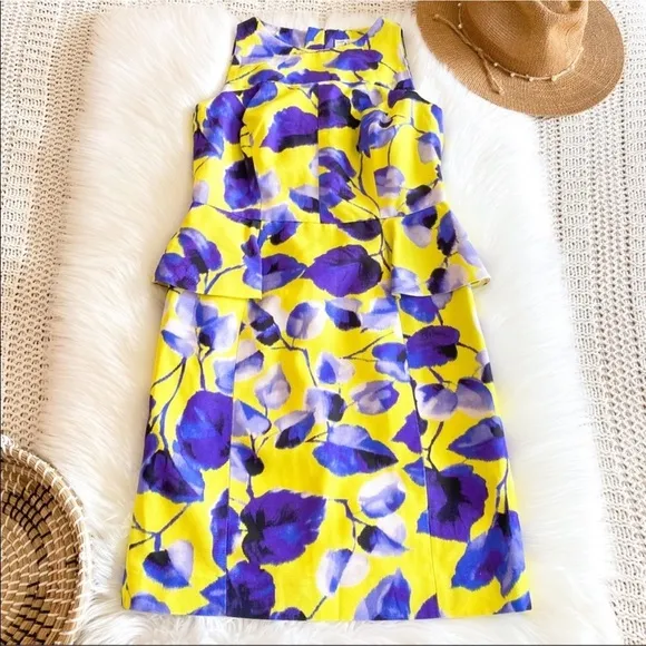 Milly of New York Peplum Sheath Mini Dress Floral Flowers Lemon Yellow Blue
