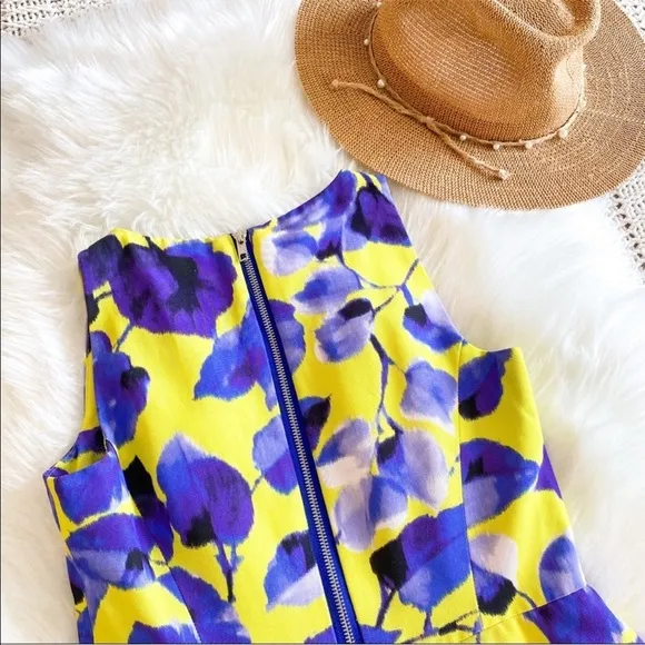 Milly of New York Peplum Sheath Mini Dress Floral Flowers Lemon Yellow Blue