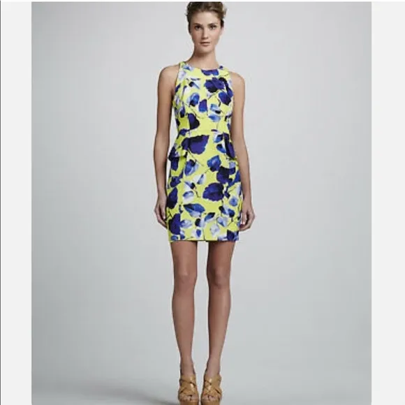 Milly of New York Peplum Sheath Mini Dress Floral Flowers Lemon Yellow Blue