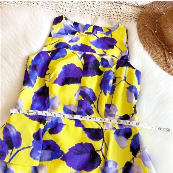Milly of New York Peplum Sheath Mini Dress Floral Flowers Lemon Yellow Blue