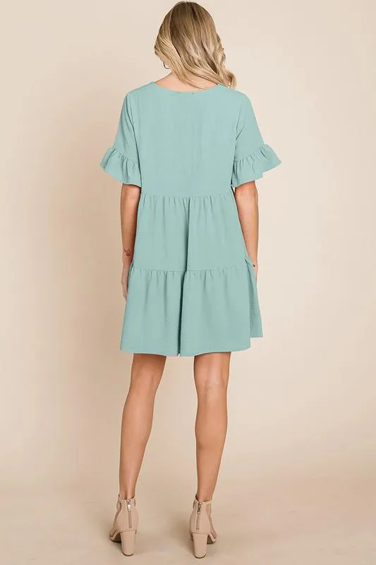Mint Pleated Flutter Ruffle Sleeve layered Tiered Dress