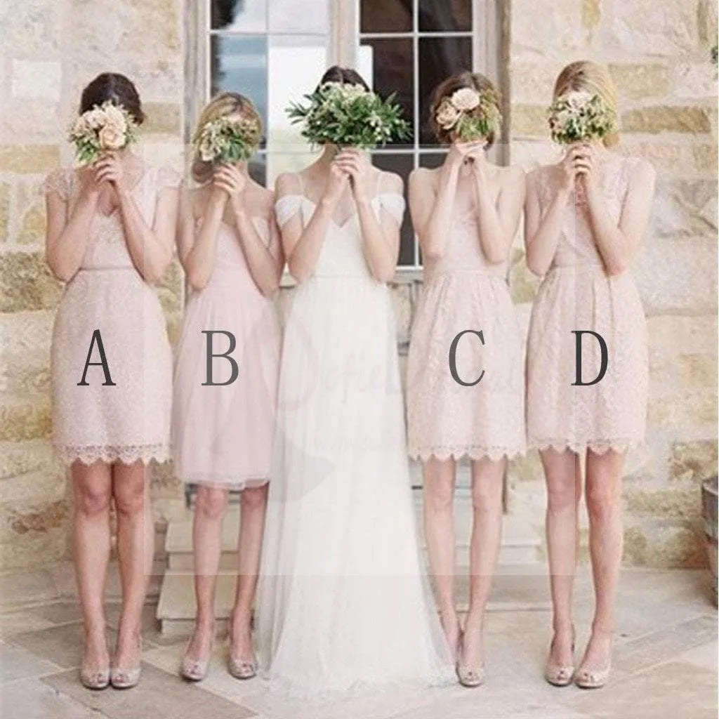 Mismatched Junior Pretty Short Lace Knee-Length Blush Pink Mini Custom Make Discount Bridesmaid Dress, WG115