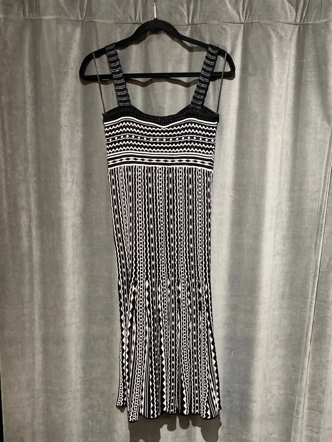 MISSONI Black and White Print Spaghetti Strap Knit Body Con Midi Dress