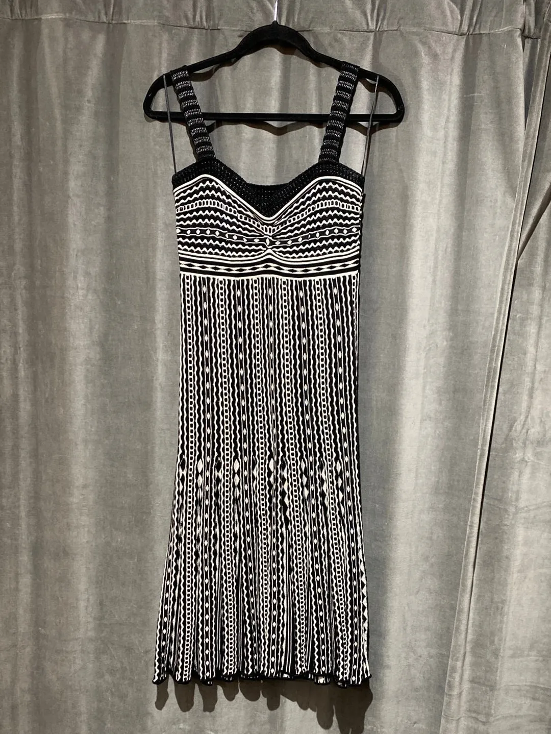 MISSONI Black and White Print Spaghetti Strap Knit Body Con Midi Dress