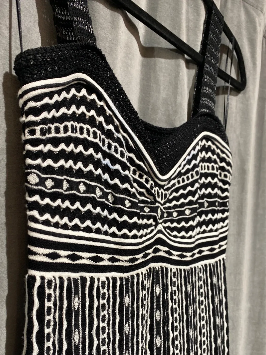 MISSONI Black and White Print Spaghetti Strap Knit Body Con Midi Dress