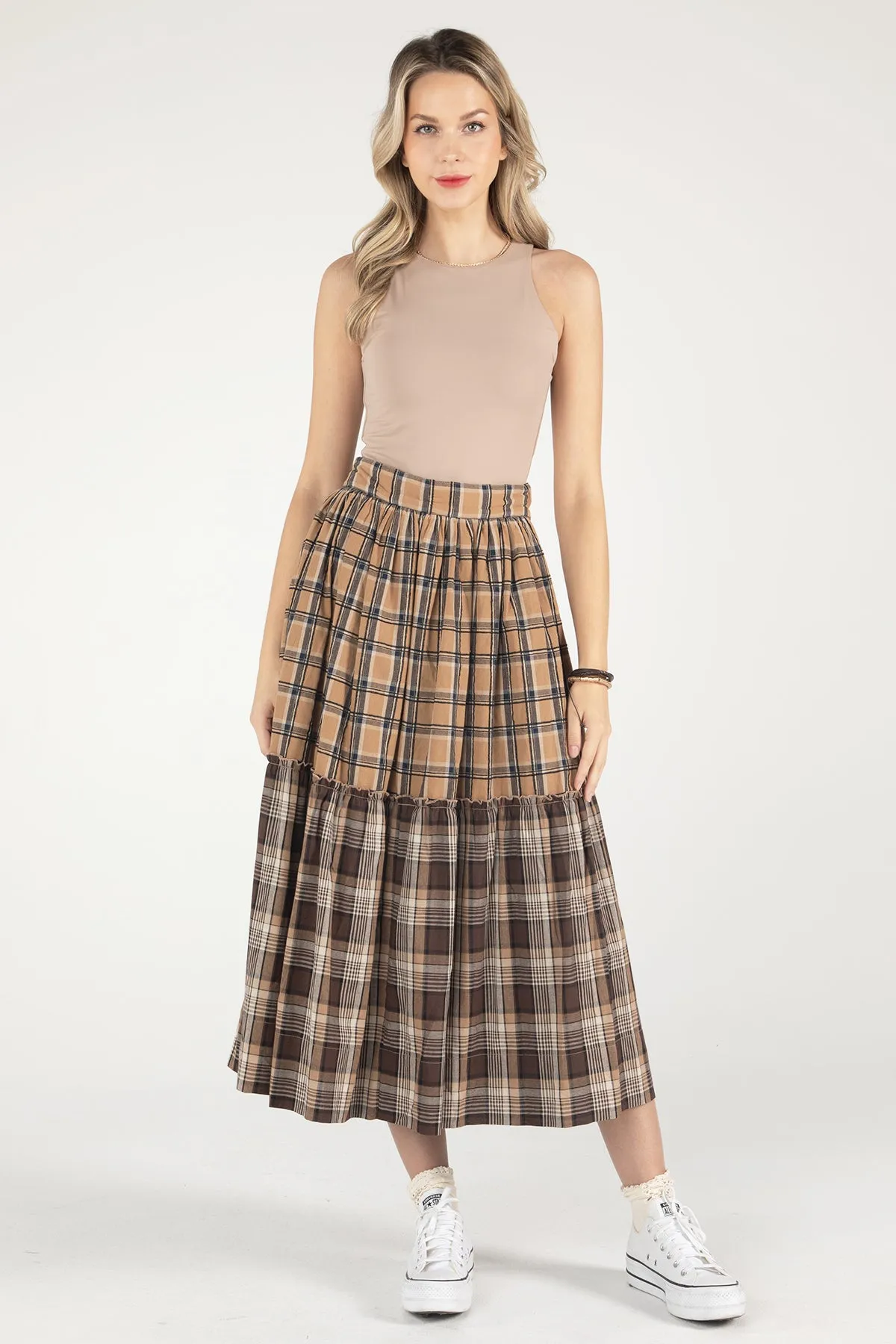 Mixed Plaid Midi Skirt
