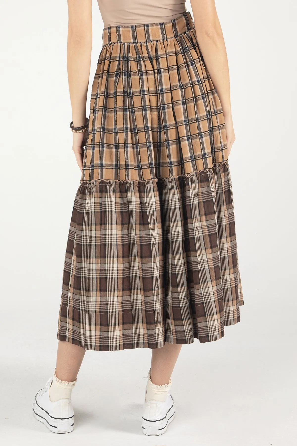 Mixed Plaid Midi Skirt