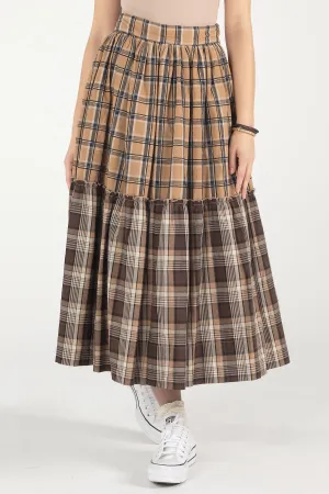 Mixed Plaid Midi Skirt