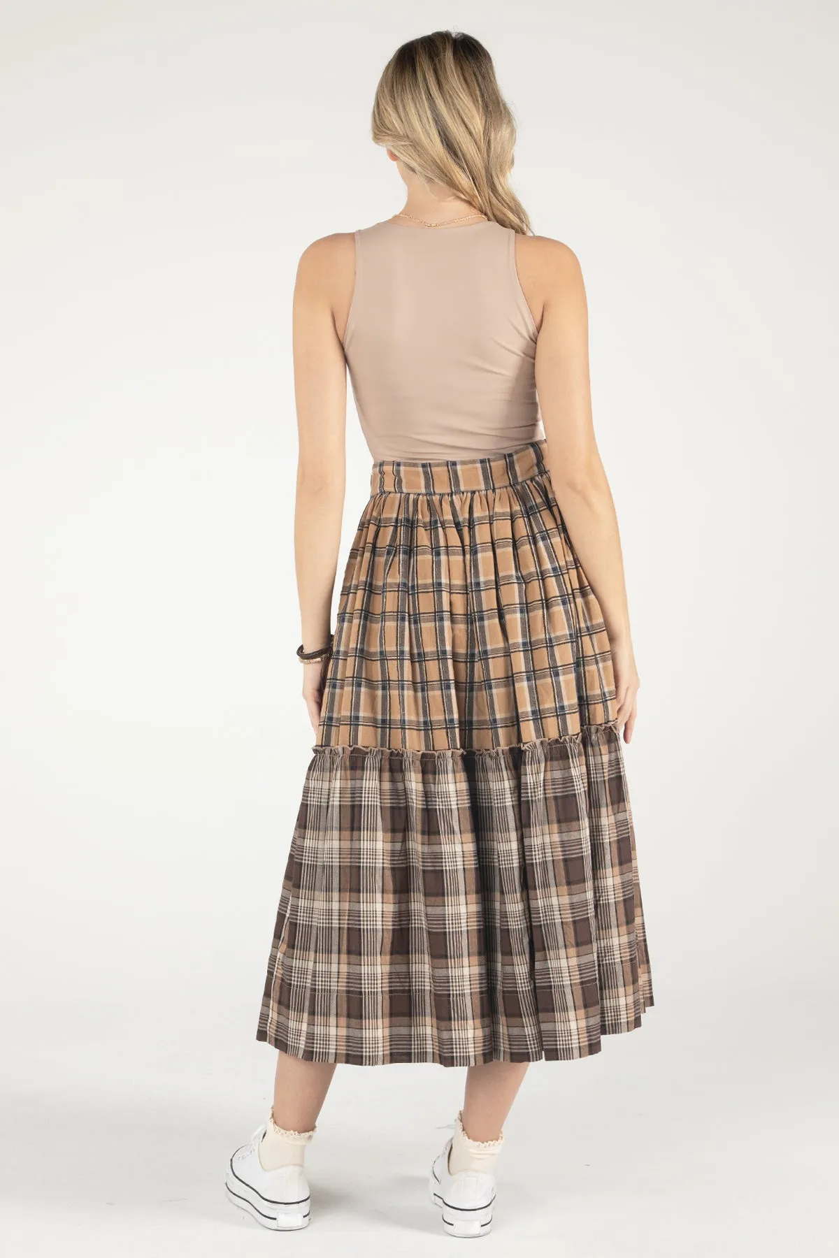 Mixed Plaid Midi Skirt