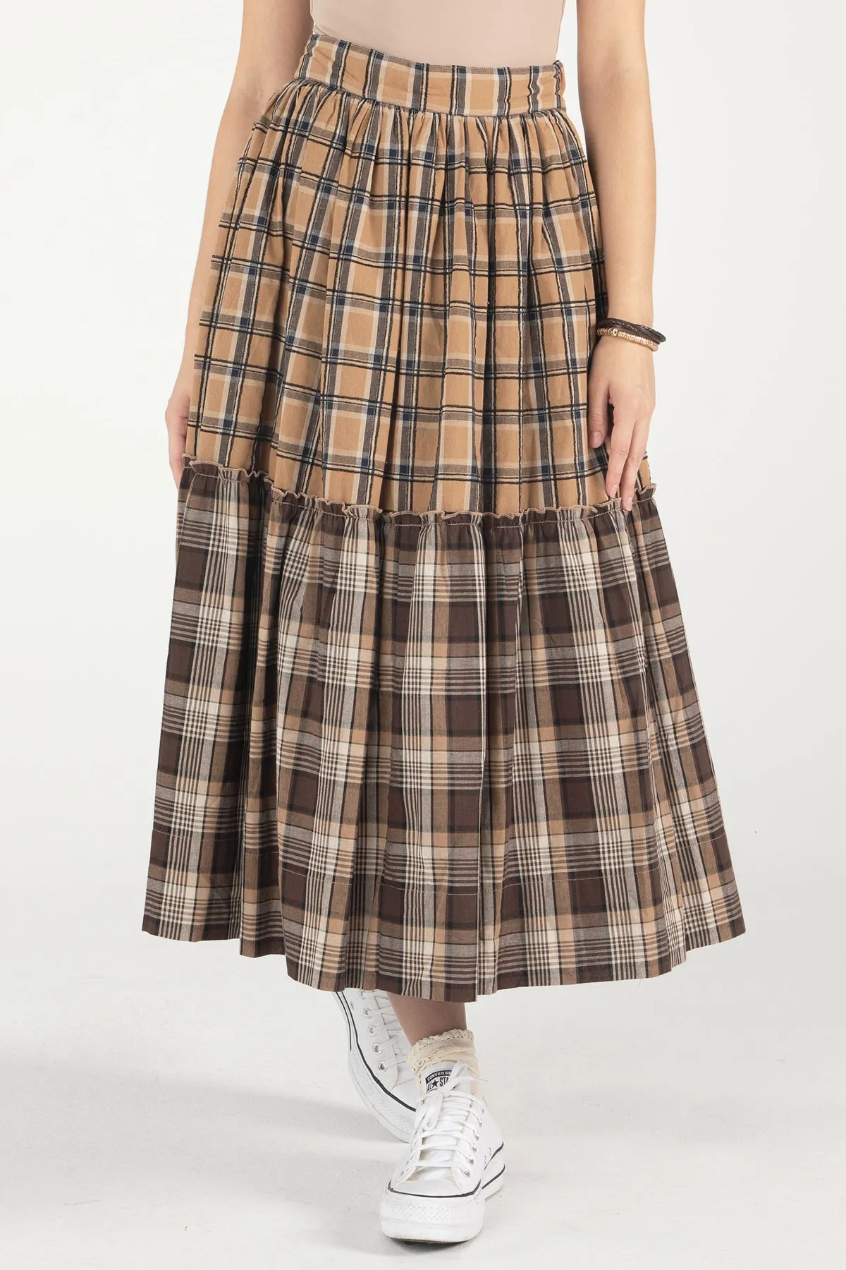 Mixed Plaid Midi Skirt