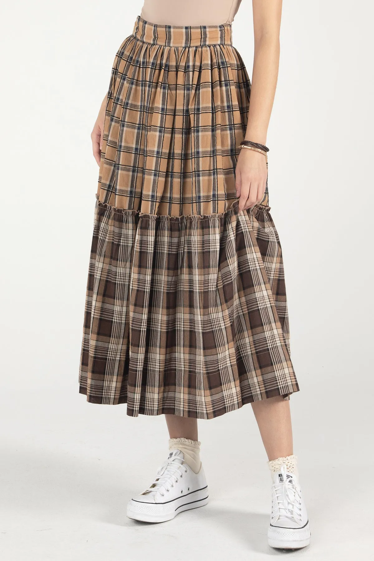 Mixed Plaid Midi Skirt