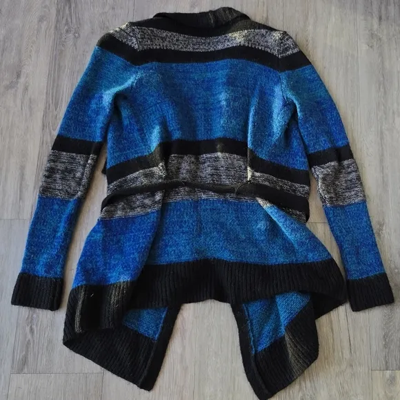 Moda International Cardigan Sweater with Waist Tie - Black, Blue &amp; Gray - Small