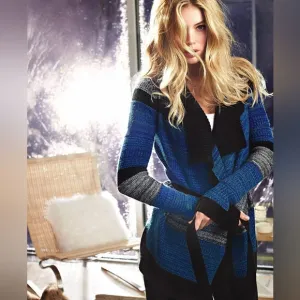 Moda International Cardigan Sweater with Waist Tie - Black, Blue &amp; Gray - Small