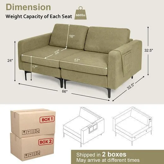 Modern Loveseat Sofa Couch with Side Storage Pocket and Sponged Padded Seat Cush