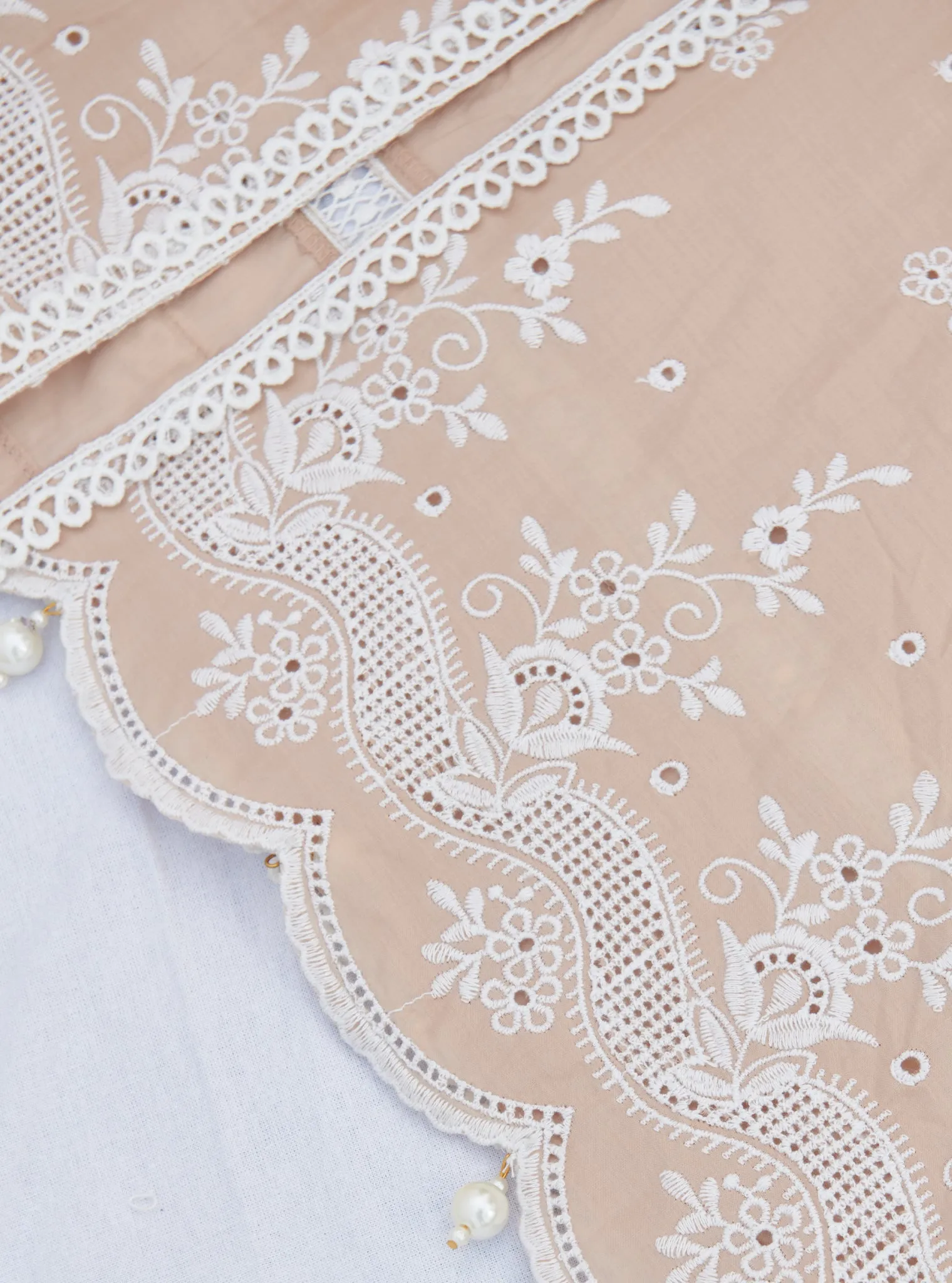 Mulmul Cotton Revora Beige Kurta With Mulmul Cotton Revora White Pant