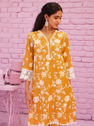 Mulmul Cotton Roli Orange Kurta With Mulmul Cotton Roli Orange Pant