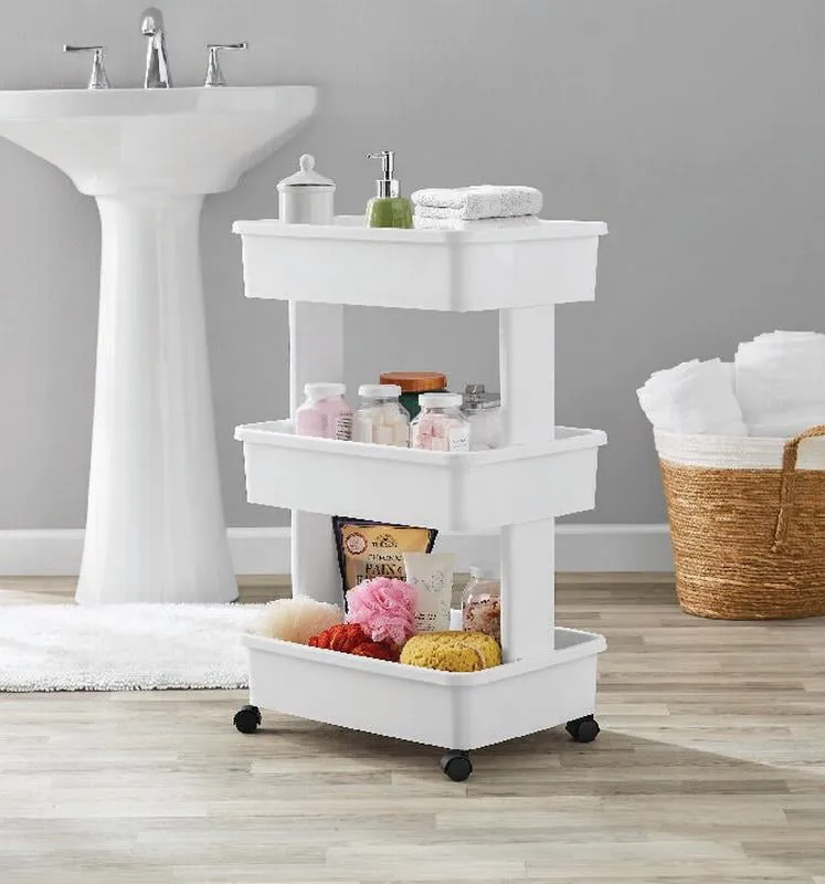 Multipurpose 3-Tier Plastic Rolling Laundry Cart Organizer Storage Baskets Decor