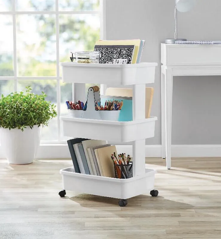 Multipurpose 3-Tier Plastic Rolling Laundry Cart Organizer Storage Baskets Decor