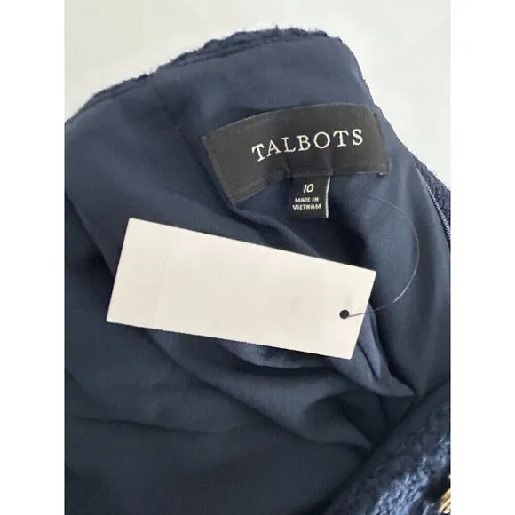 New Talbots Women 10 Skirt Navy Blue CottonTweed Faux Wrap Lined Logo Button T4