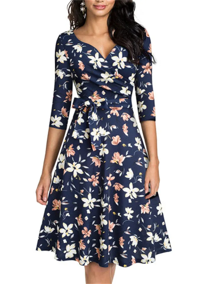 New V-Neck Three Quarter Sleeve Knee-Length Dresses