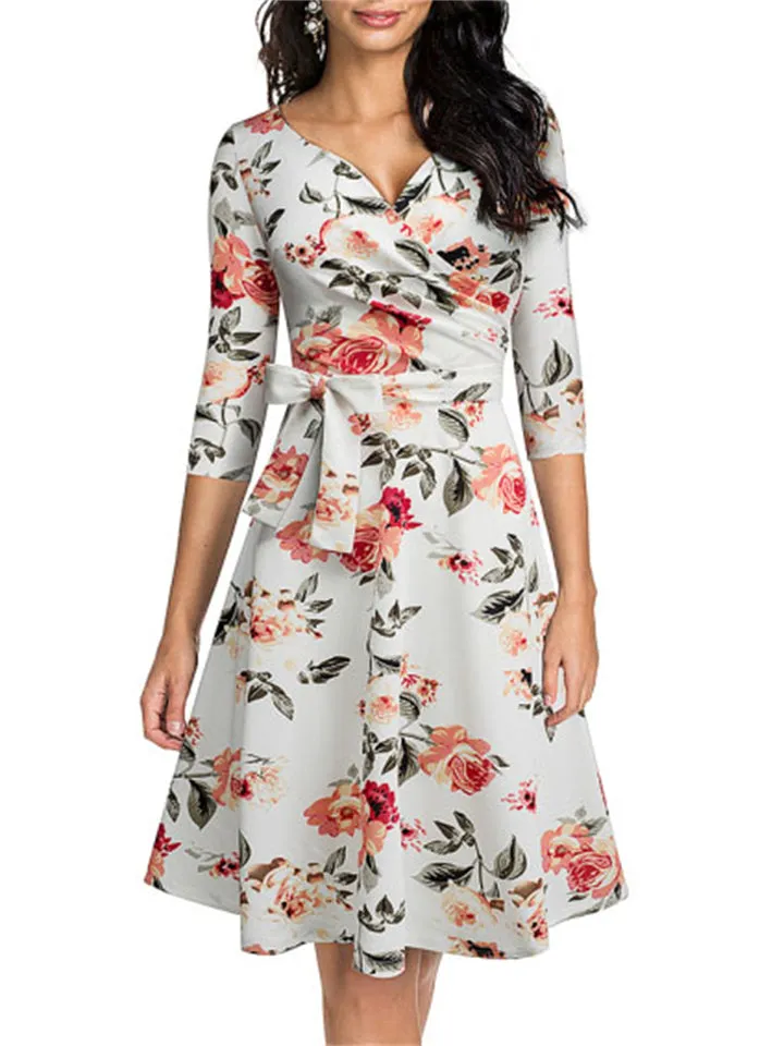 New V-Neck Three Quarter Sleeve Knee-Length Dresses
