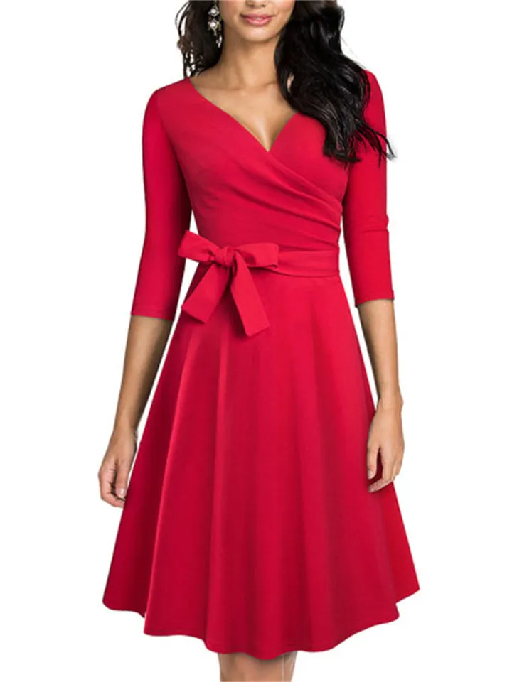 New V-Neck Three Quarter Sleeve Knee-Length Dresses