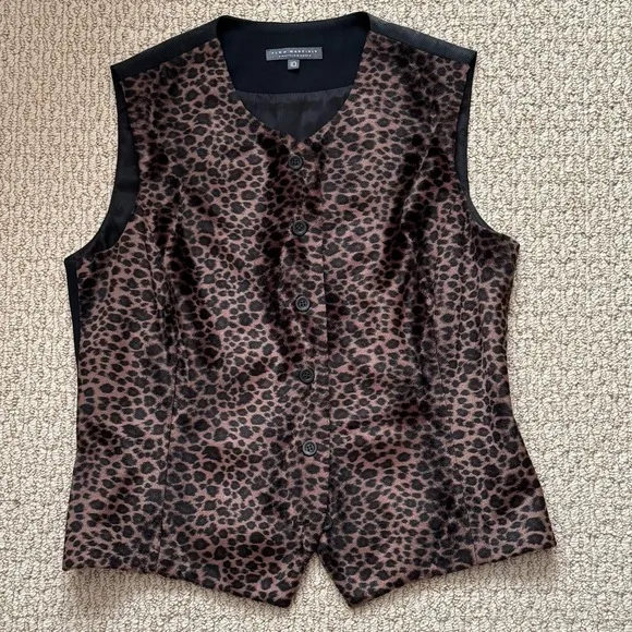 Nordstrom Black Brown Faux Fur Animal Print Waistcoat Vest Top Size 10 NWOT