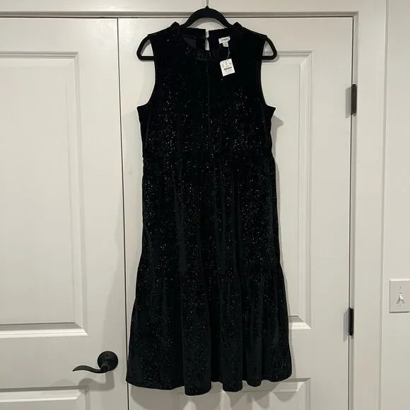 NWT J Crew Sleeveless Midi Velvet Dress‎ with Sparkles Black Size 14 MSRP $128