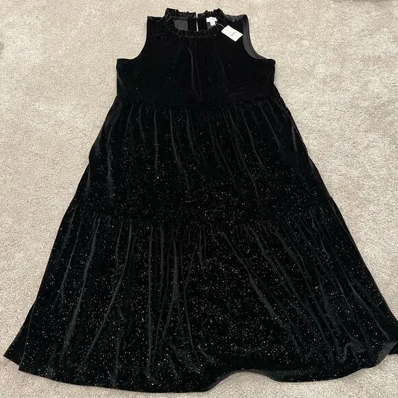 NWT J Crew Sleeveless Midi Velvet Dress‎ with Sparkles Black Size 14 MSRP $128