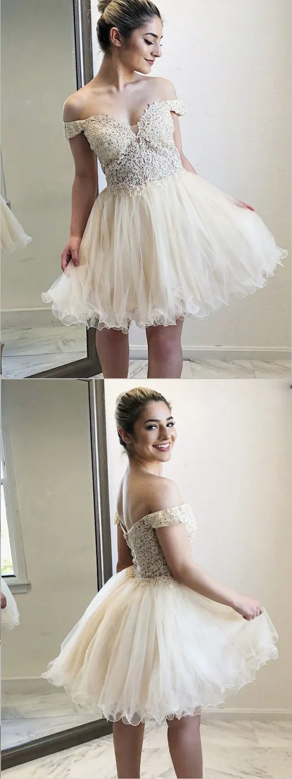 Off-the-Shoulder Appliques Beaded Homecoming Dresses ,Short Prom Dresses,BDY0282