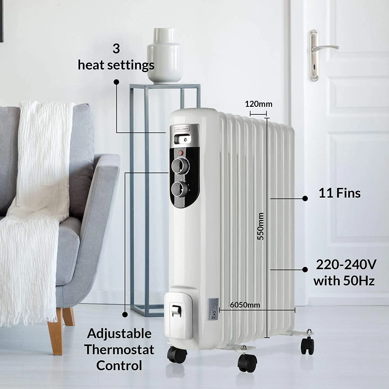 Olsen & Smith 2.5Kw 2500W 11 Fin Portable Electric Slim Oil Filled Radiator Heater with Wheels & Adjustable Temperature Thermostat, White