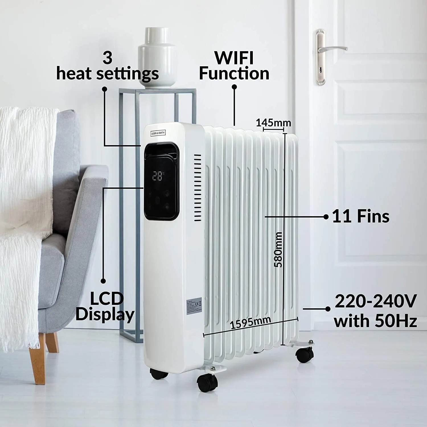 Olsen & Smith 2.5Kw 2500W 11 Fin Portable Electric Slim Oil Filled Radiator Heater with Wheels & Adjustable Temperature Thermostat, White