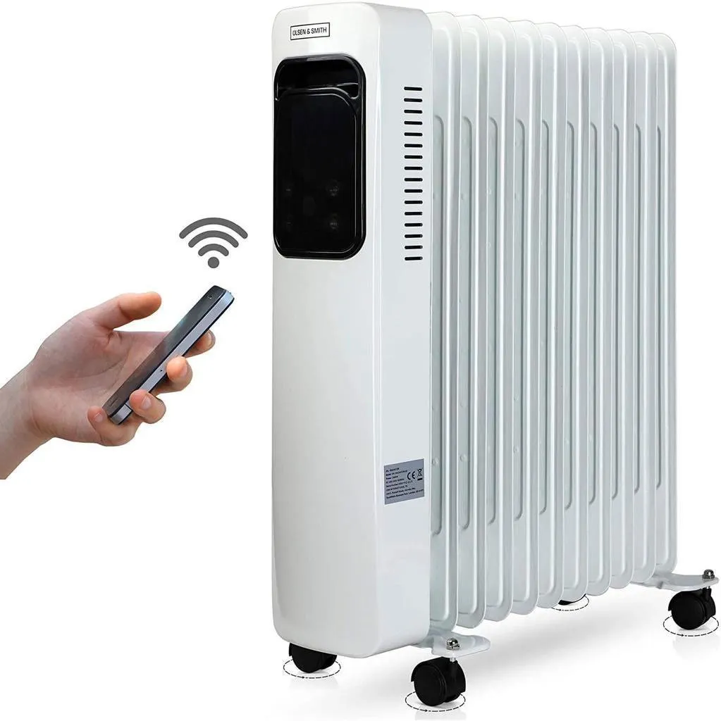Olsen & Smith 2.5Kw 2500W 11 Fin Portable Electric Slim Oil Filled Radiator Heater with Wheels & Adjustable Temperature Thermostat, White
