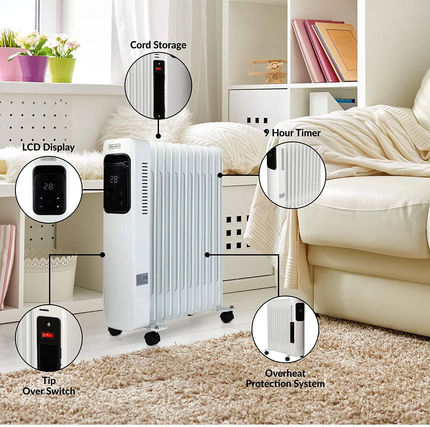 Olsen & Smith 2.5Kw 2500W 11 Fin Portable Electric Slim Oil Filled Radiator Heater with Wheels & Adjustable Temperature Thermostat, White
