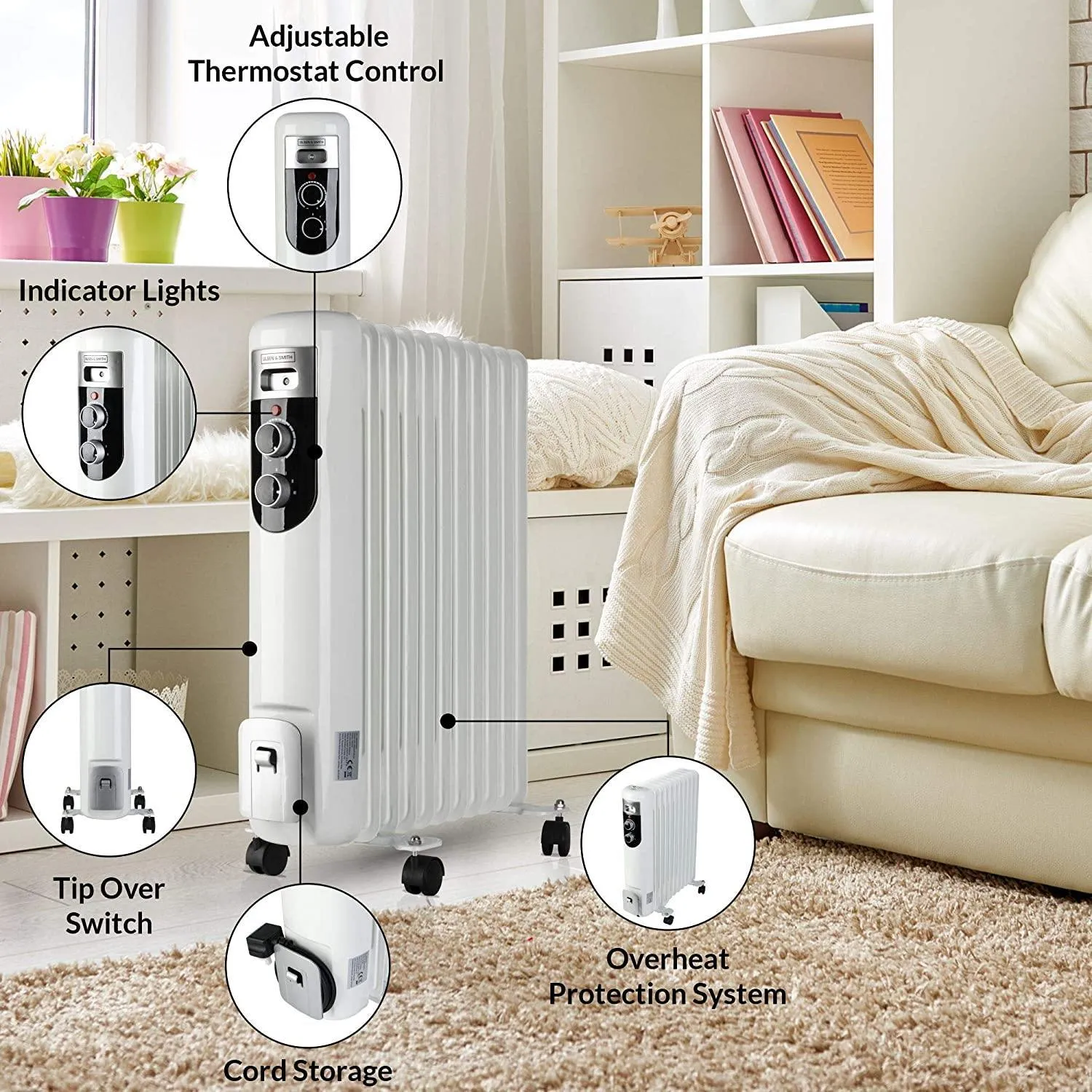Olsen & Smith 2.5Kw 2500W 11 Fin Portable Electric Slim Oil Filled Radiator Heater with Wheels & Adjustable Temperature Thermostat, White