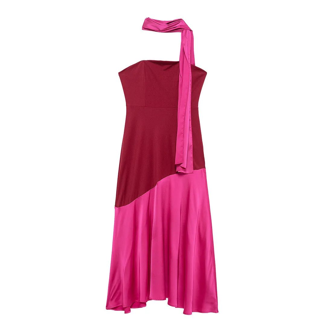 Patchwork Strapless Midi Dress with Neck Sash