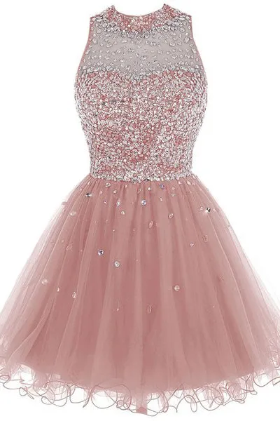 Pink A-line Short Tulle Beading Homecoming Dress OKZ16