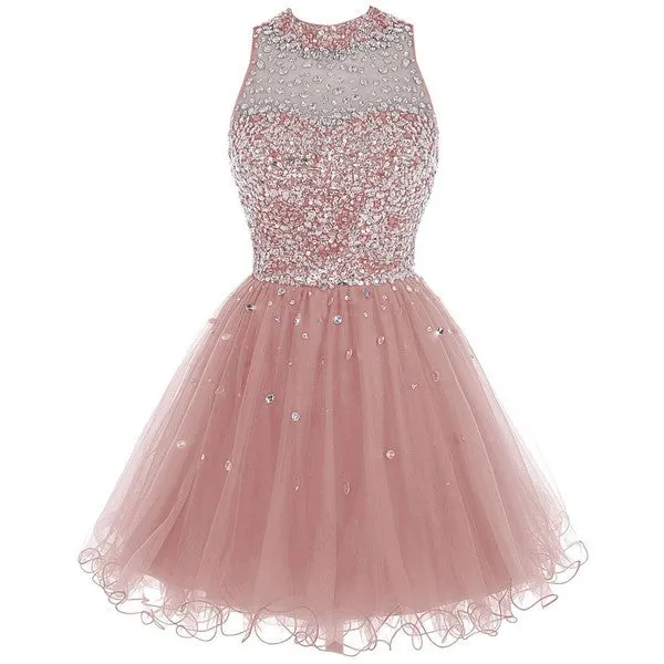 Pink A-line Short Tulle Beading Homecoming Dress OKZ16