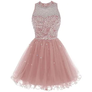 Pink A-line Short Tulle Beading Homecoming Dress OKZ16
